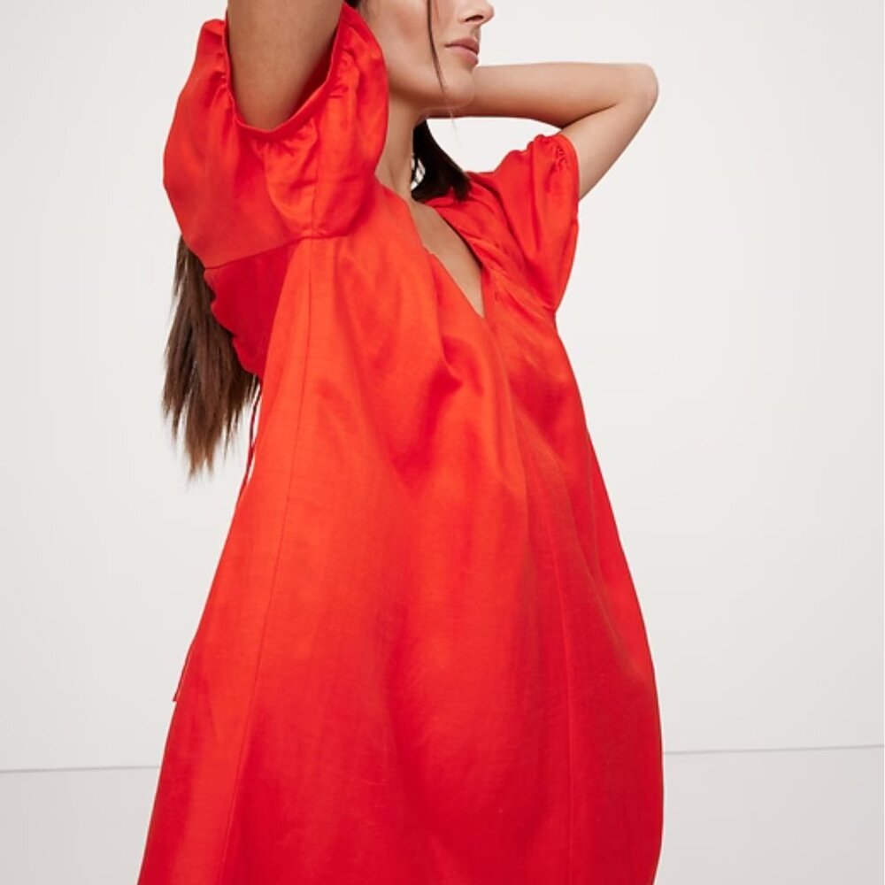 BANANA REPUBLIC MINI DRESS BLOOD ORANGE LINEN VISCOSE OVERSIZED L NWOT - Picture 4 of 7